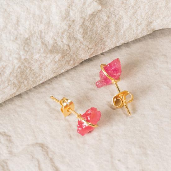 Ruby Earrings - Fine handmade stud crafted around a raw Ruby. Each Ruby is left in its natural raw state with their own unique shape. Finely handcrafted brass, plated with the finest 18K gold plating.